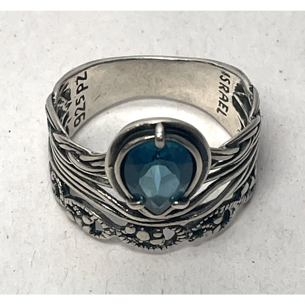 Or Paz Israel 925 Sterling Silver Ring London Blue Topaz Wide Band Size 11